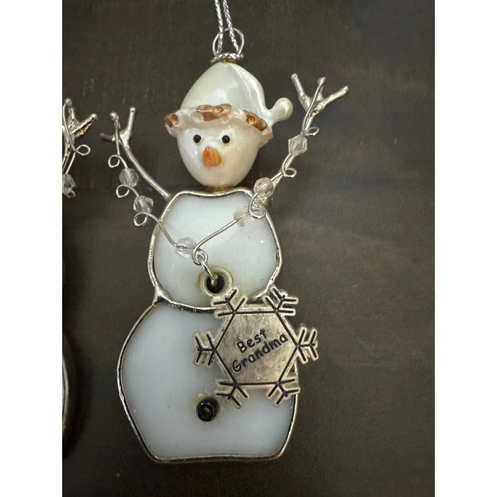 Stained Glass Snowman Ornaments Set of 2   Best Grandma and Best Grandpa Silver
